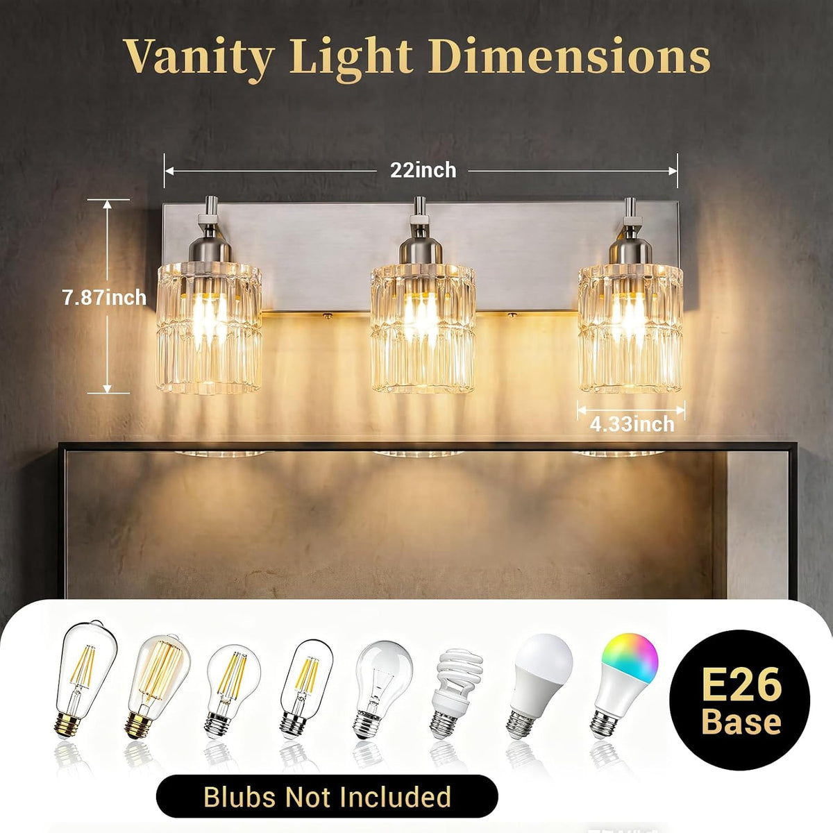 Brushed‑Nickel 3‑Light Glass Bathroom Vanity Light