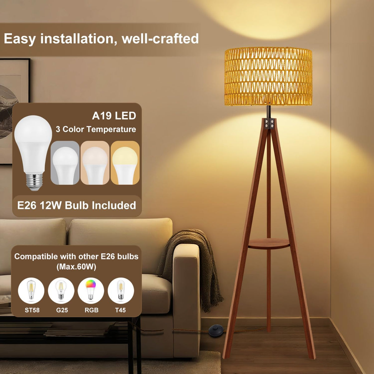Boho Rattan Tripod Floor Lamp with Shelf