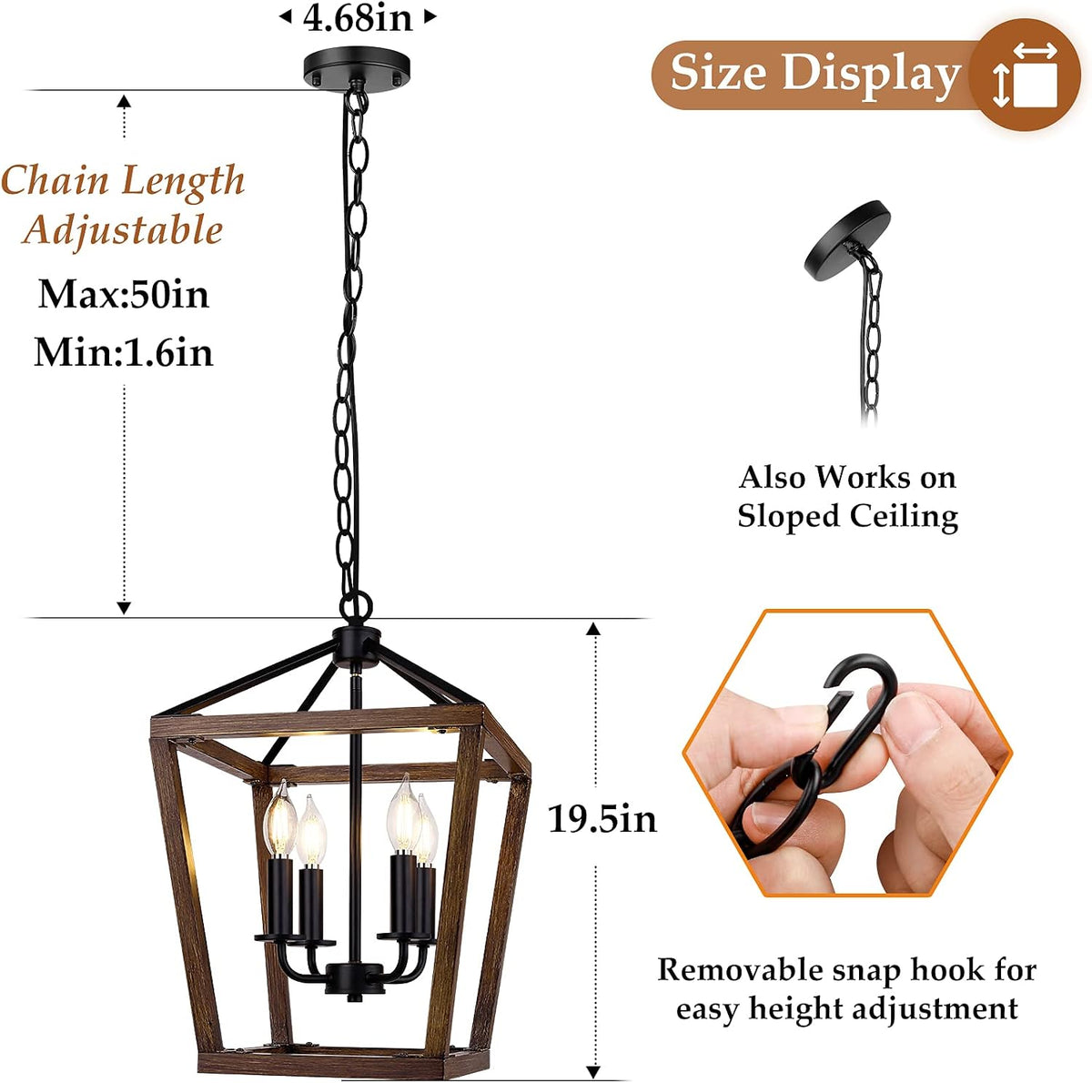 Farmhouse 4‑Light Oak‑Wood Cage Pendant Chandelier