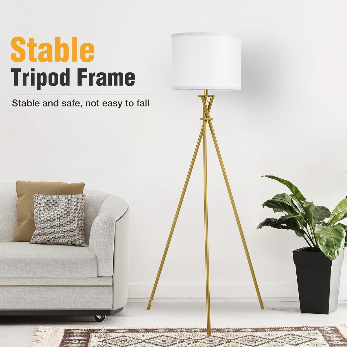 Gold Tripod Modern Floor Lamp with White Shade