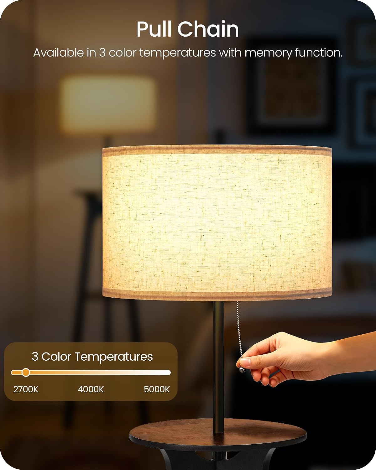 Wood Tripod 3‑Tier Shelf Floor Lamp with Linen Shade