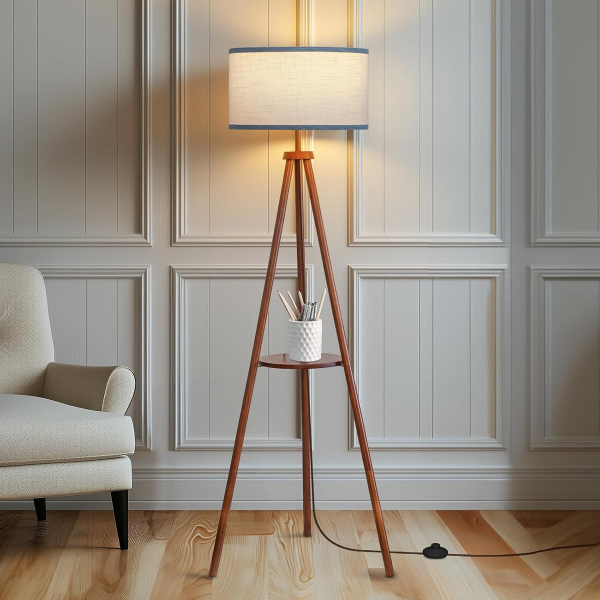 Walnut Modern Floor Lamp with Storage Shelf