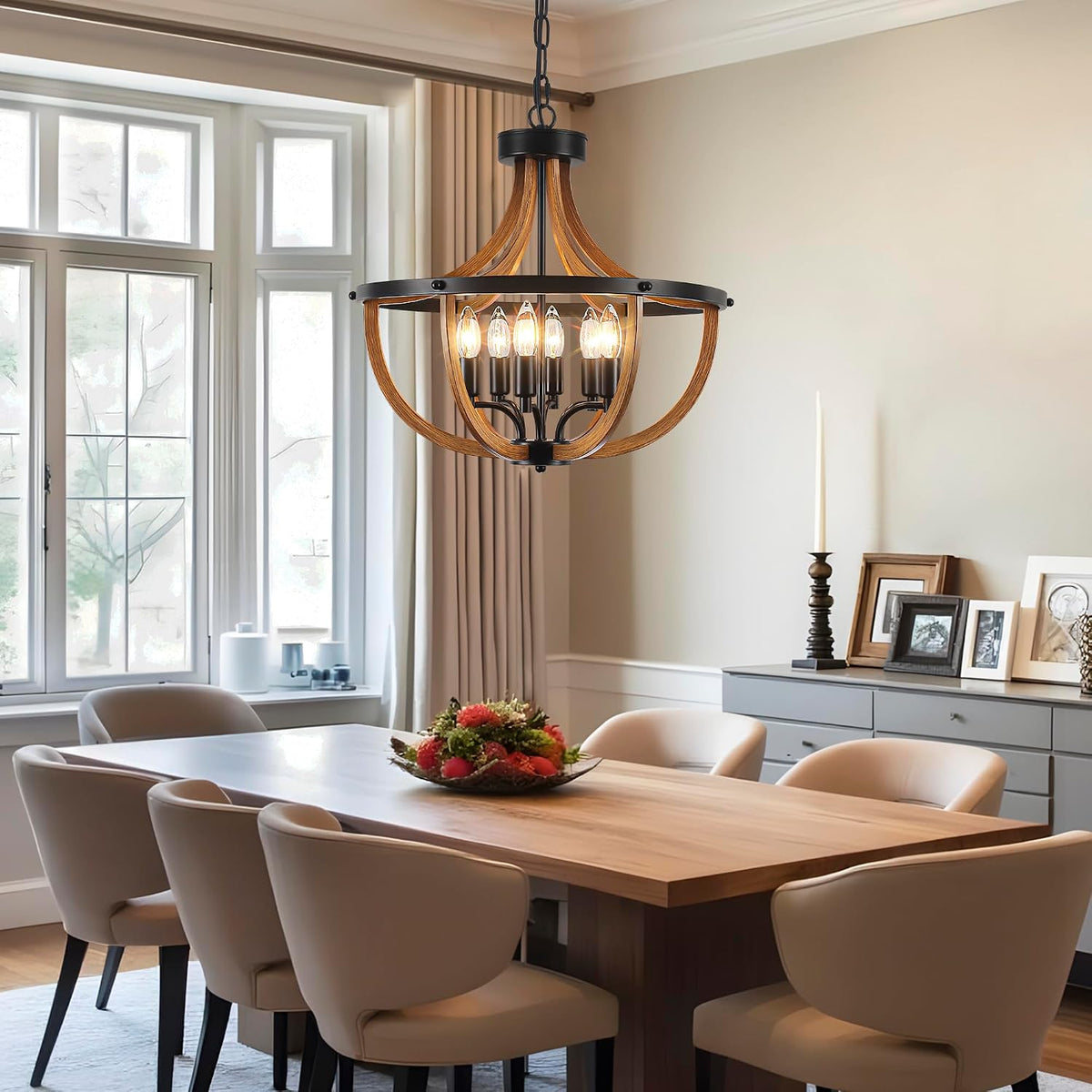 Vintage Farmhouse 6‑Light Wood Cage Pendant Chandelier