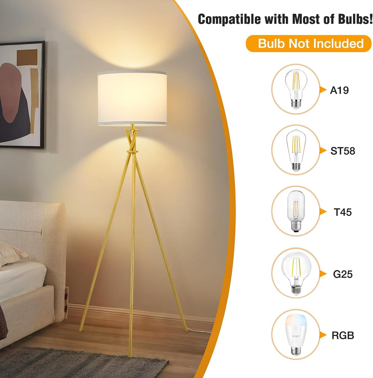 Gold Tripod Modern Floor Lamp with White Shade