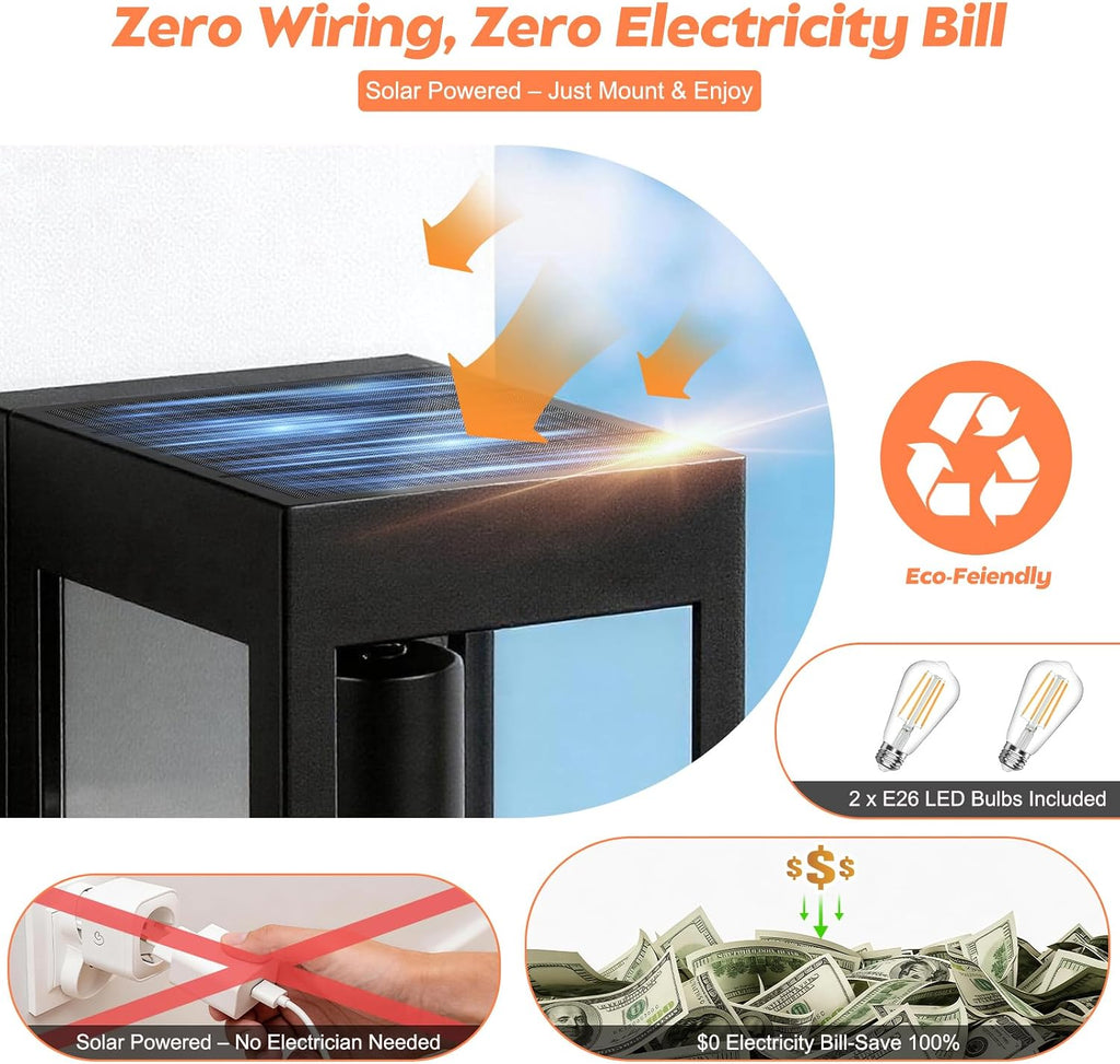 2‑Pack 15‑Inch Metal Solar Outdoor Wall Lantern Sconces