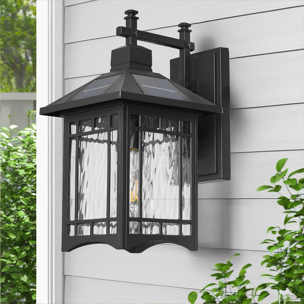 Black Water‑Pattern Glass Solar Outdoor Wall Sconce