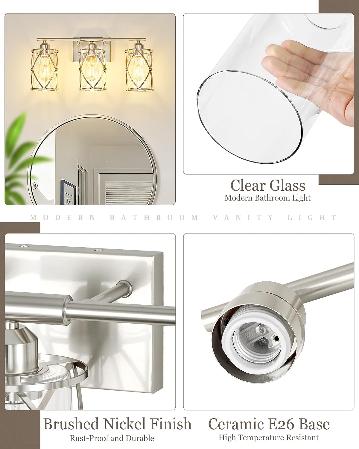 Brushed‑Nickel 3‑Light Cage‑Glass Bathroom Vanity Light