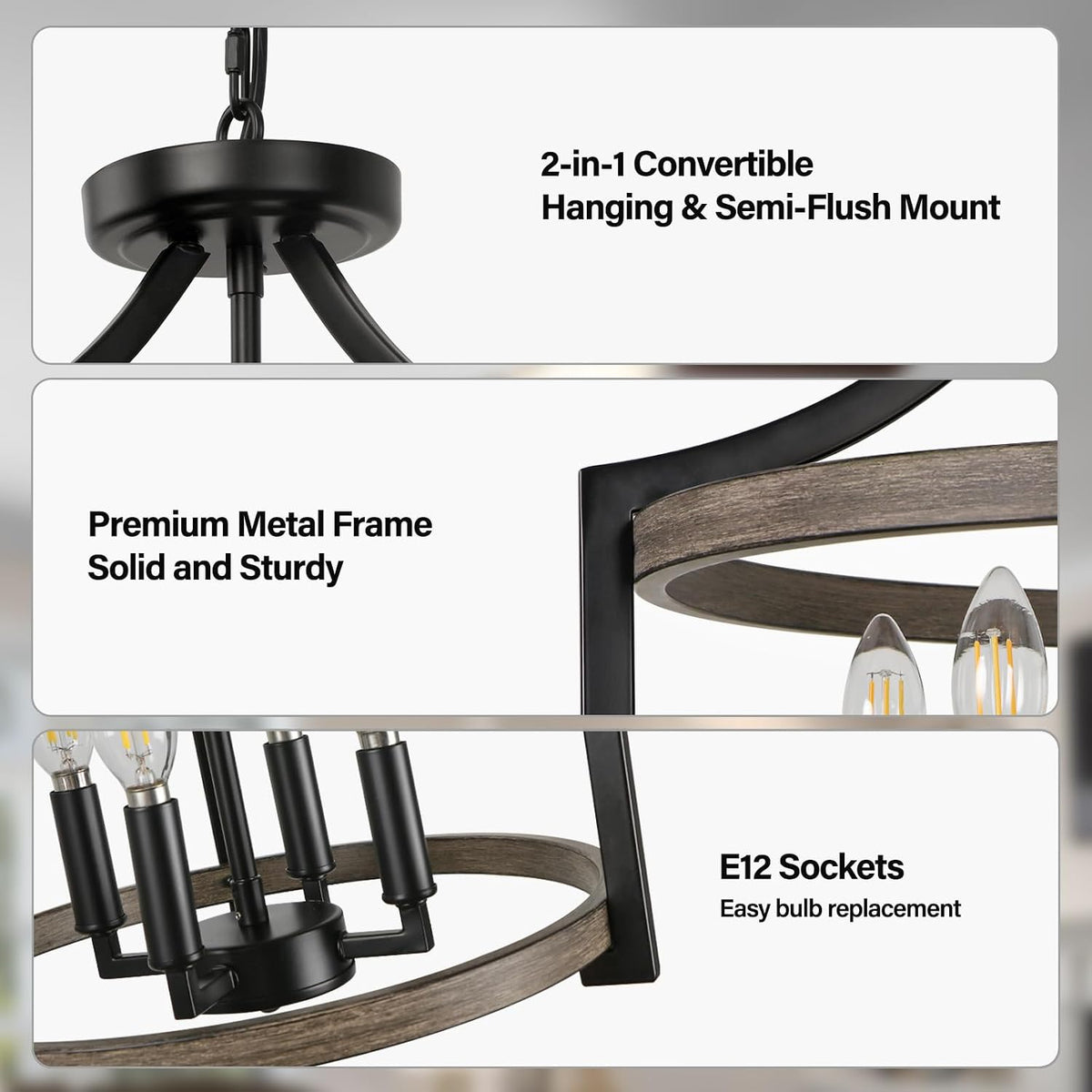 Farmhouse 4‑Light Convertible Rustic Chandelier