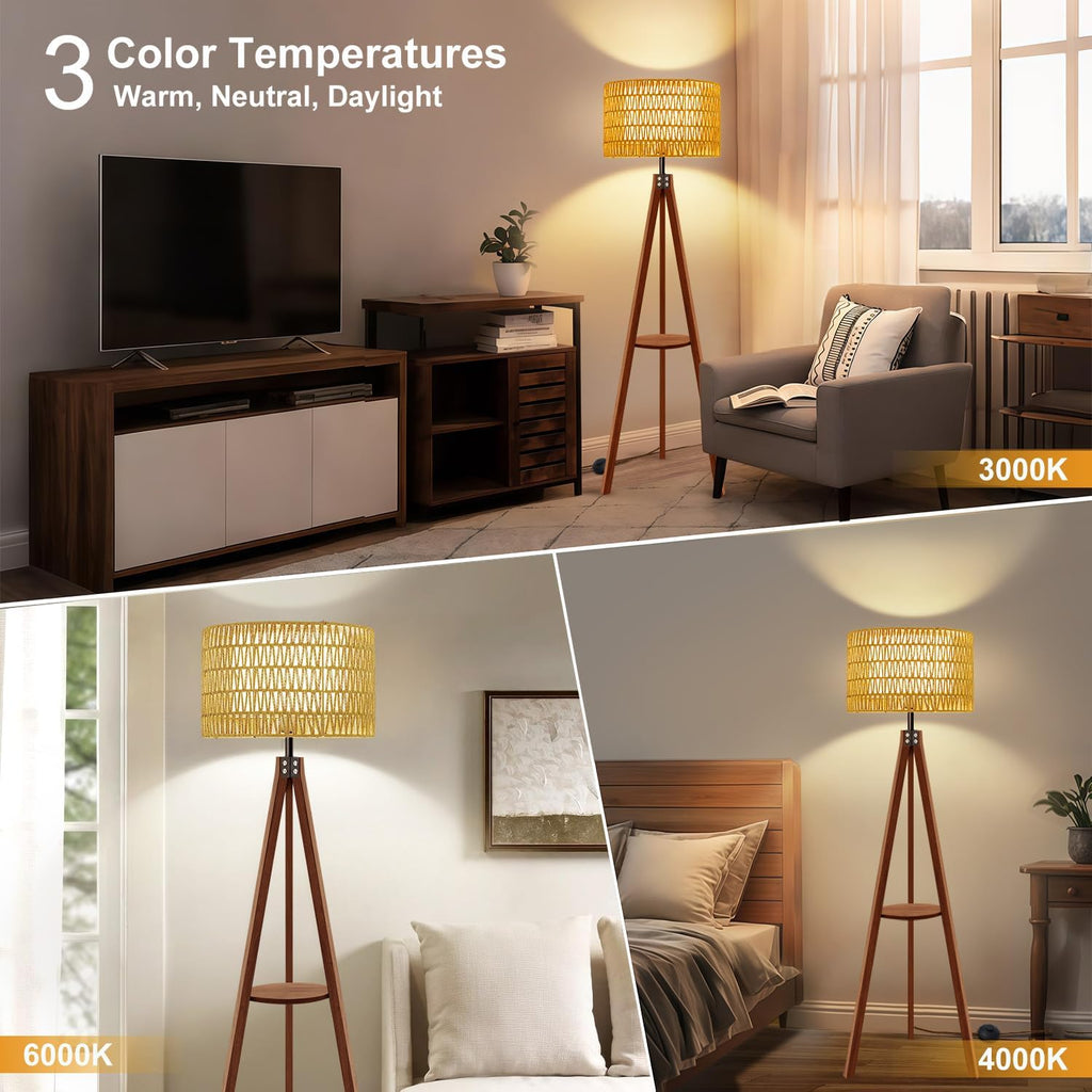 Boho Rattan Tripod Floor Lamp with Shelf