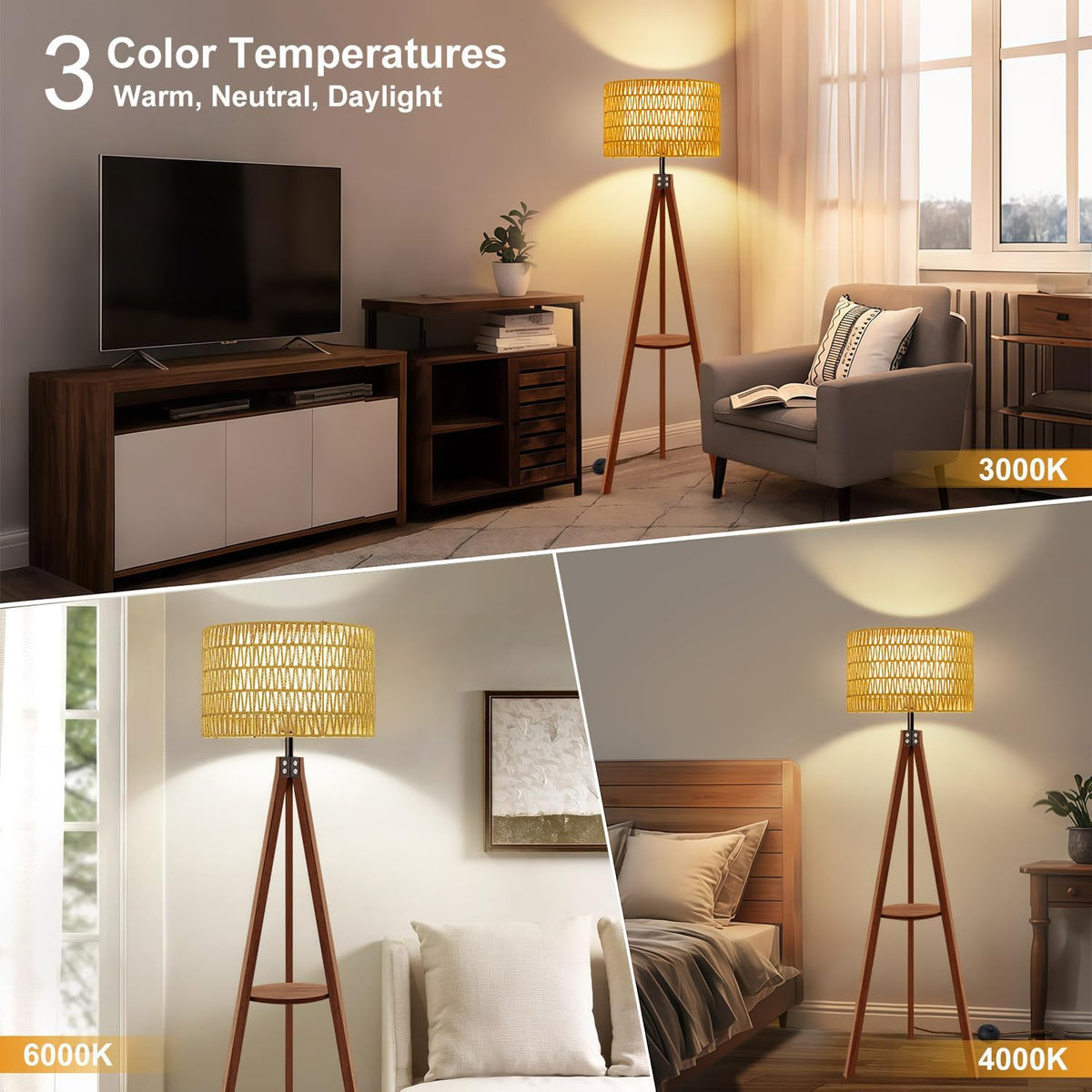 Boho Rattan Tripod Floor Lamp with Shelf