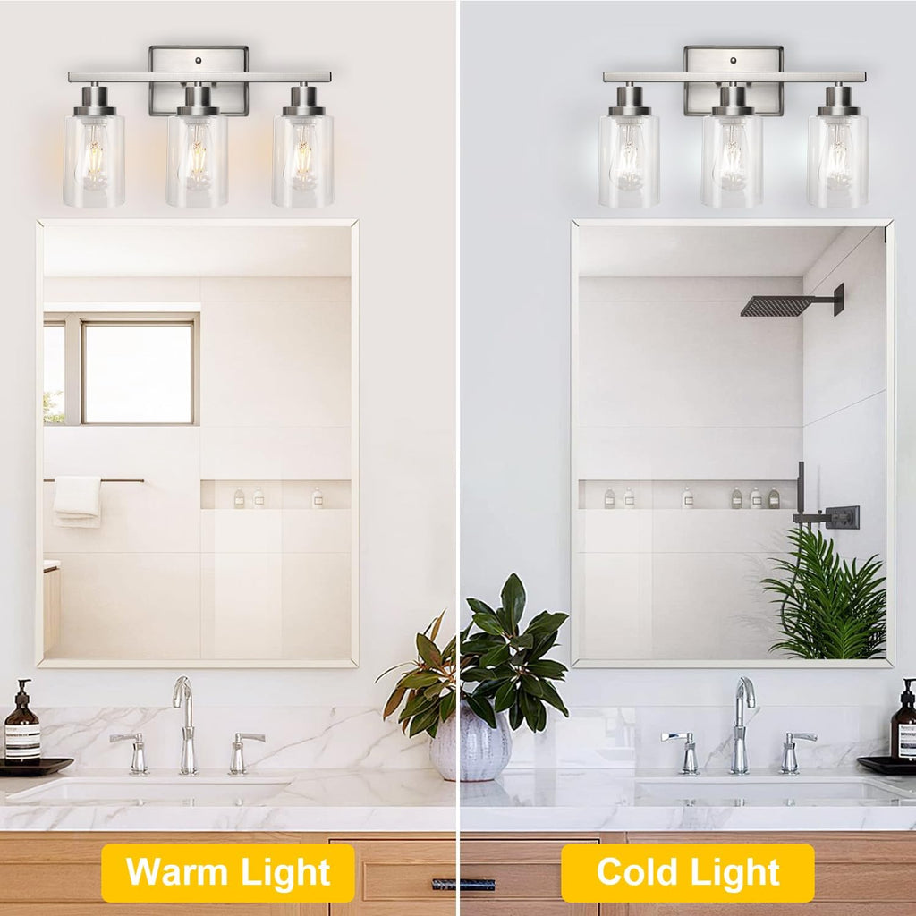 Brushed‑Nickel 3‑Light Clear‑Glass Bathroom Vanity Light
