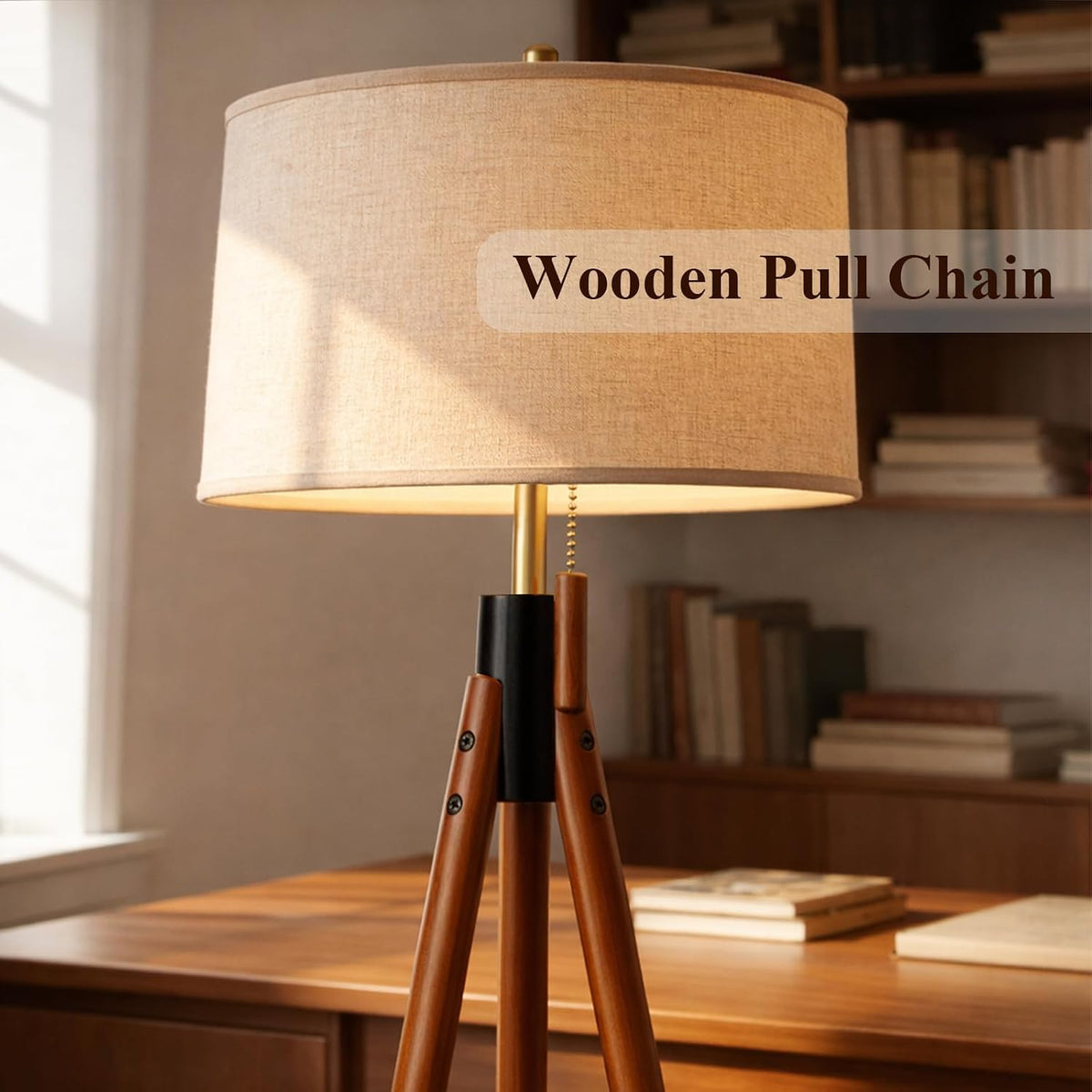 Black & Gold Mid‑Century Tripod Floor Lamp with Linen Shade