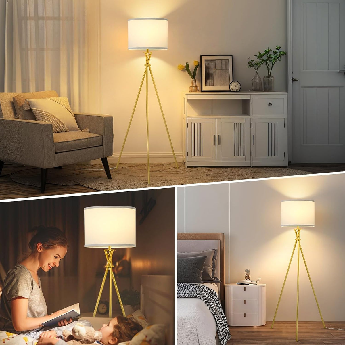 Gold Tripod Modern Floor Lamp with White Shade