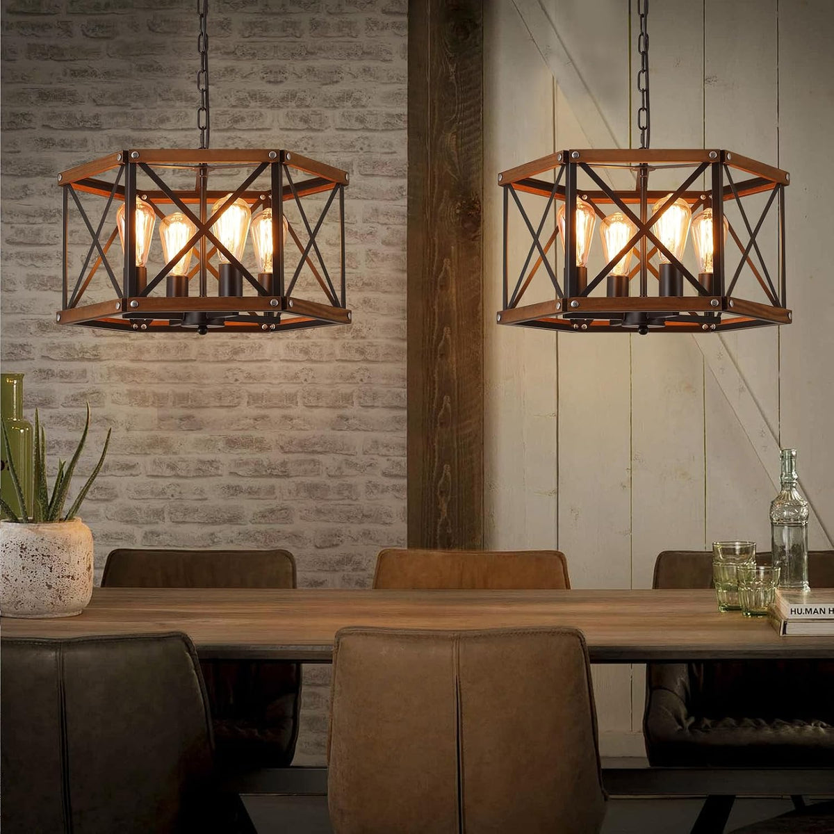 Black Farmhouse 4‑Light Wood Cage Pendant Light