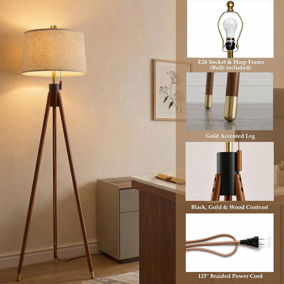 Black & Gold Mid‑Century Tripod Floor Lamp with Linen Shade
