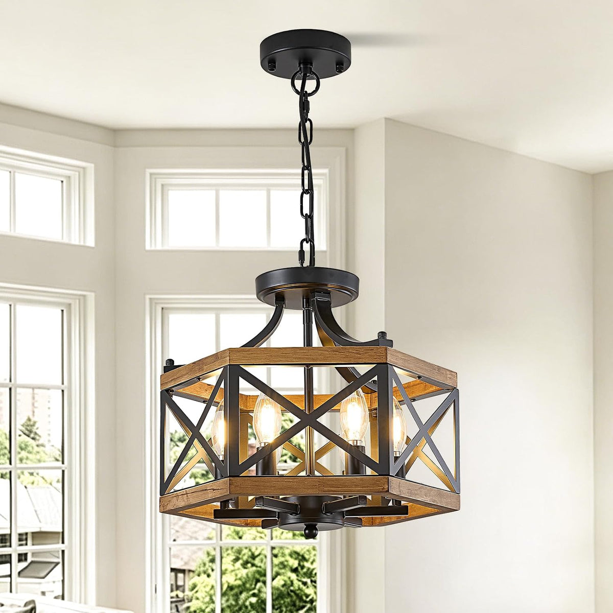 Farmhouse 6‑Light Wood‑Cage Dining Chandelier
