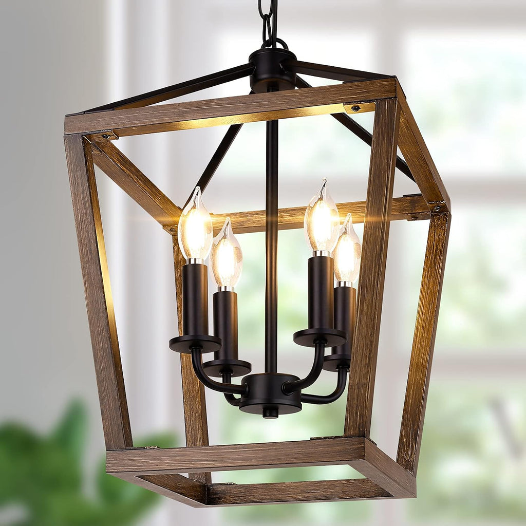 Farmhouse 4‑Light Oak‑Wood Cage Pendant Chandelier