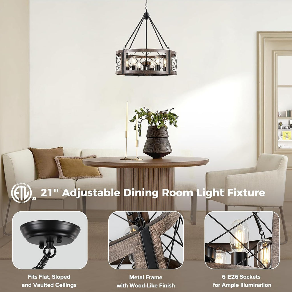 Farmhouse 6‑Light Drum‑Cage Wood‑Grain Chandelier