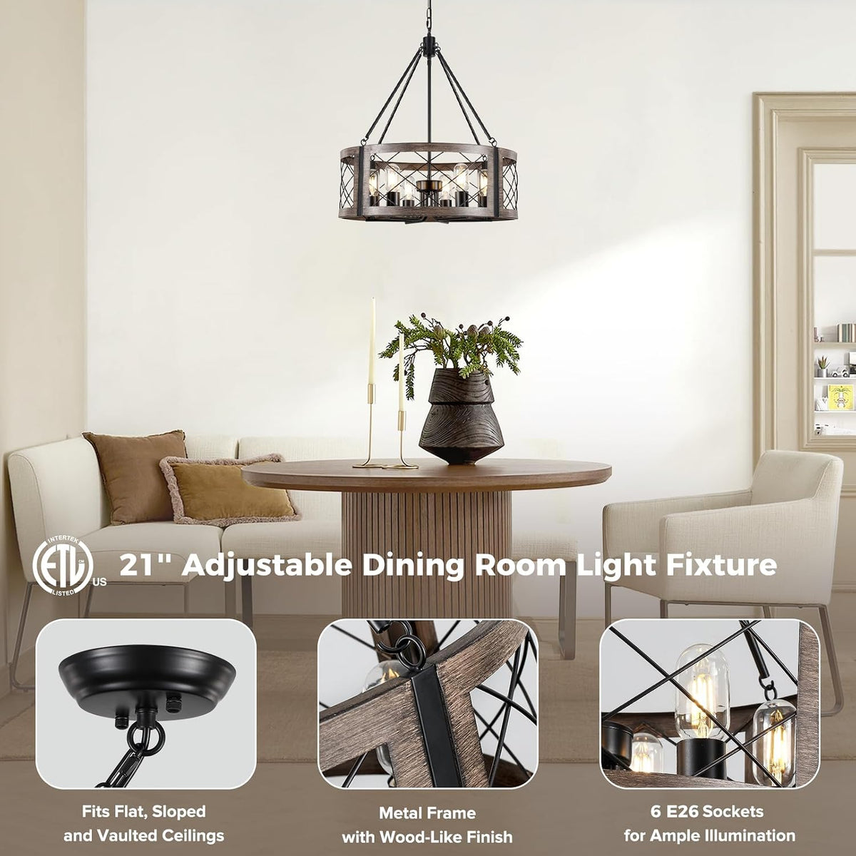 Farmhouse 6‑Light Drum‑Cage Wood‑Grain Chandelier