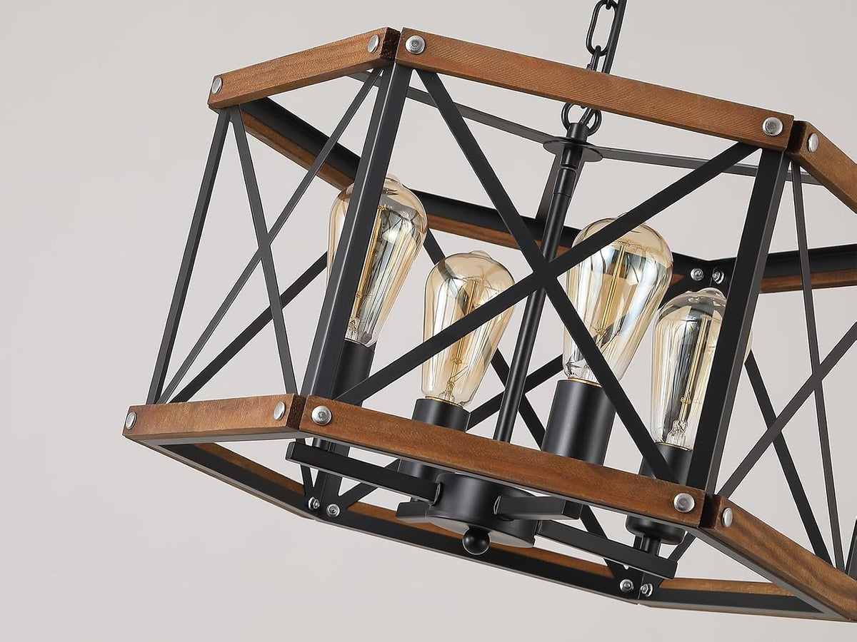 Black Farmhouse 4‑Light Wood Cage Pendant Light