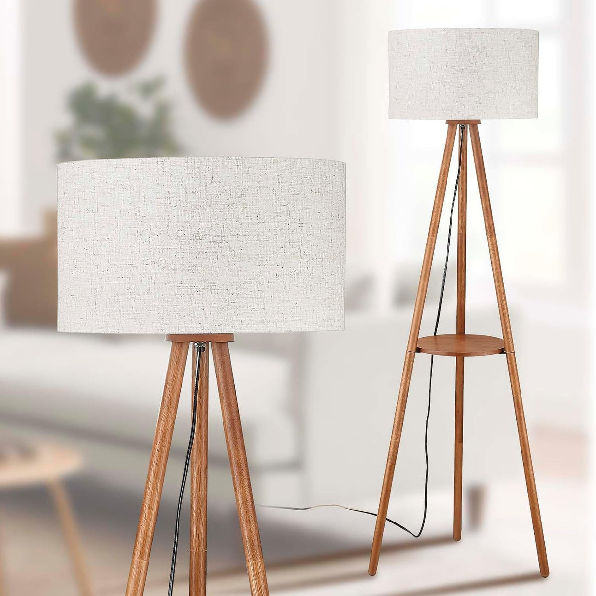Farmhouse Wood Tripod Floor Lamp with Drum Shade