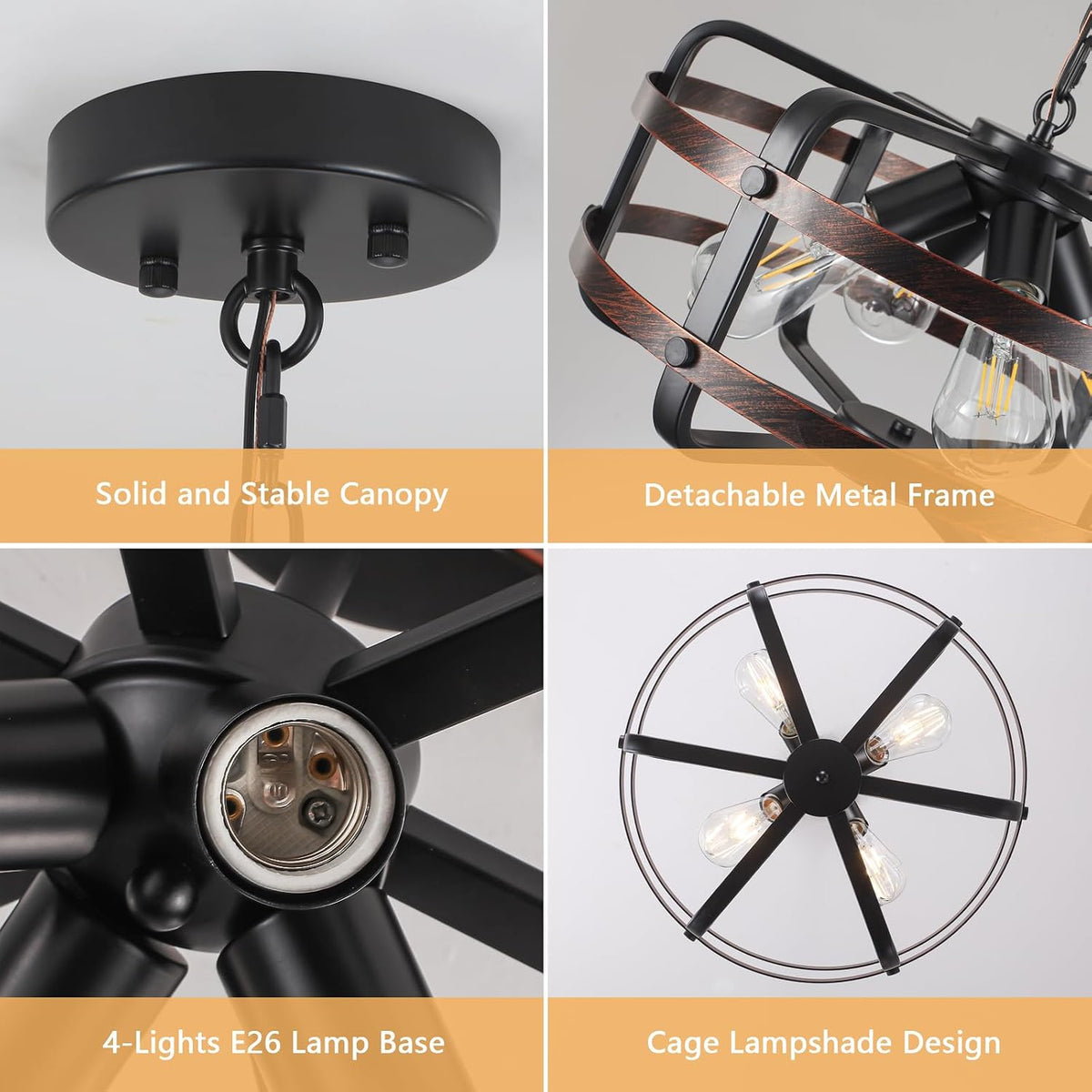 Farmhouse 4‑Light Black Lantern‑Cage Chandelier