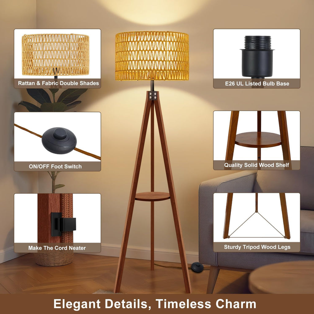 Boho Rattan Tripod Floor Lamp with Shelf