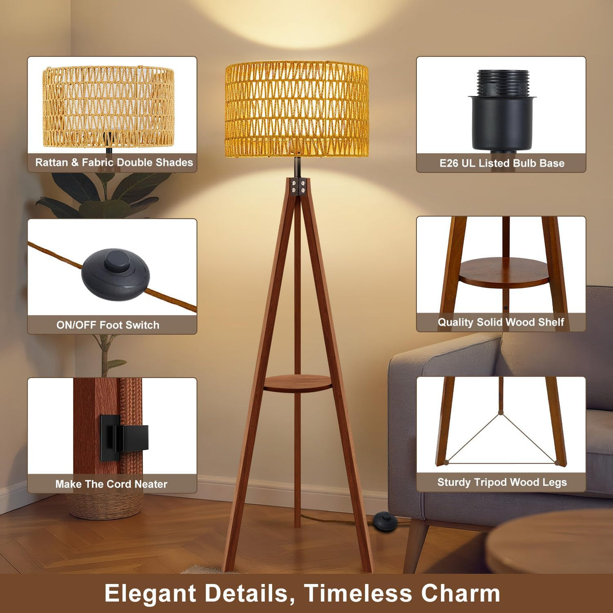 Boho Rattan Tripod Floor Lamp with Shelf