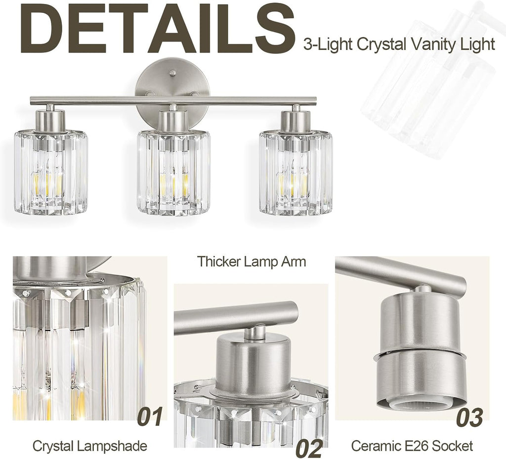 Brushed‑Nickel 3‑Light Crystal Bathroom Vanity Light