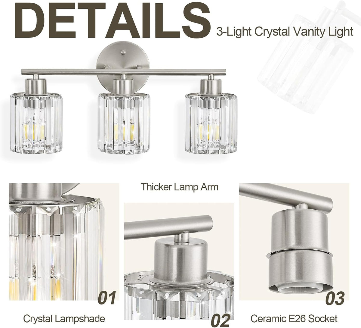 Brushed‑Nickel 3‑Light Crystal Bathroom Vanity Light