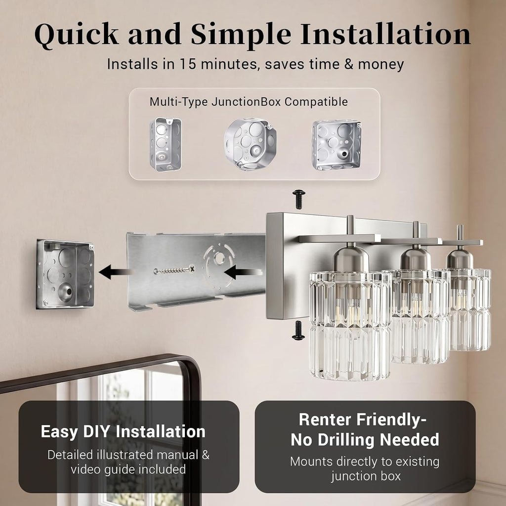 Brushed‑Nickel 3‑Light Glass Bathroom Vanity Light