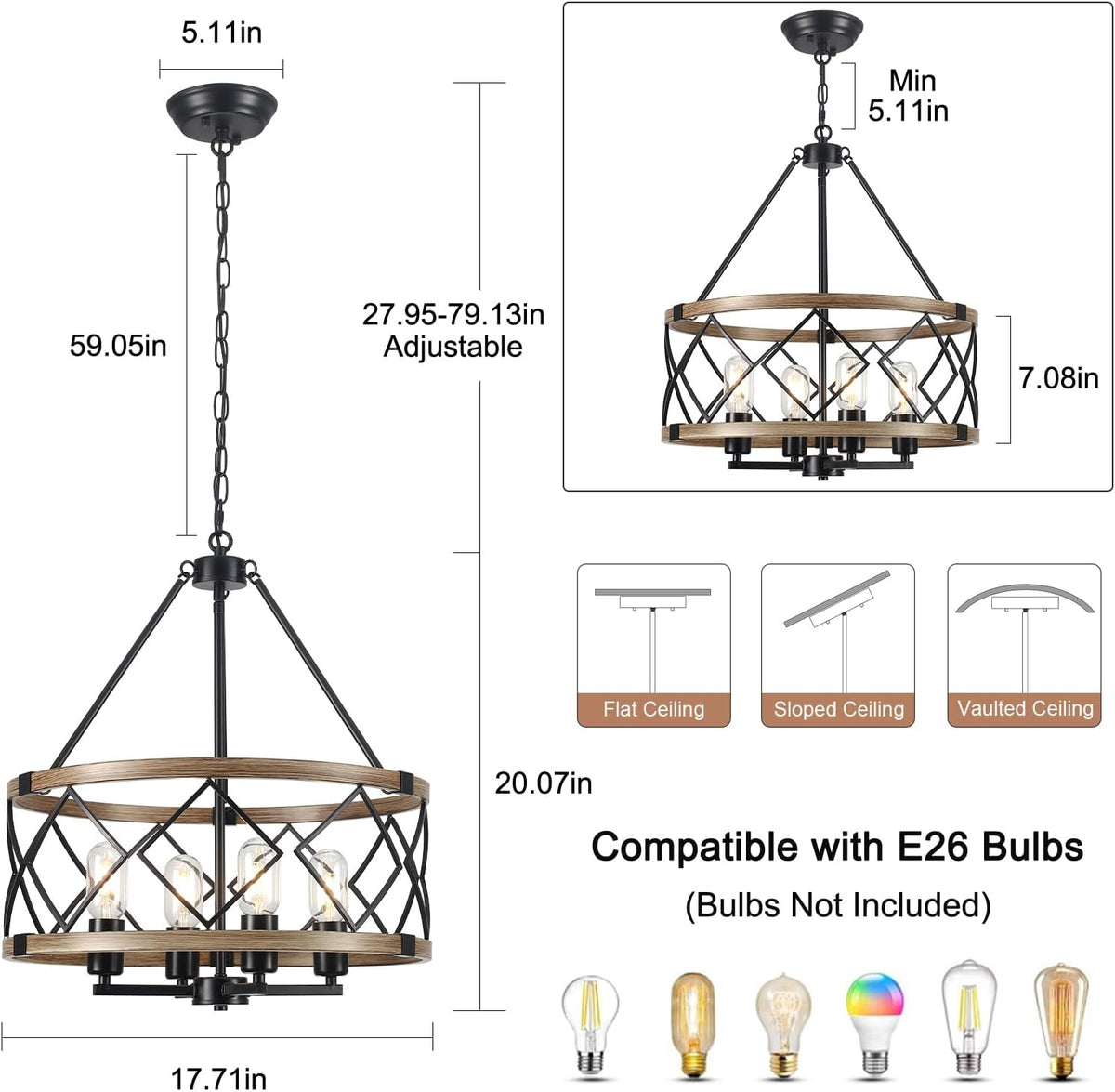 Black Farmhouse 4‑Light Metal Cage Chandelier