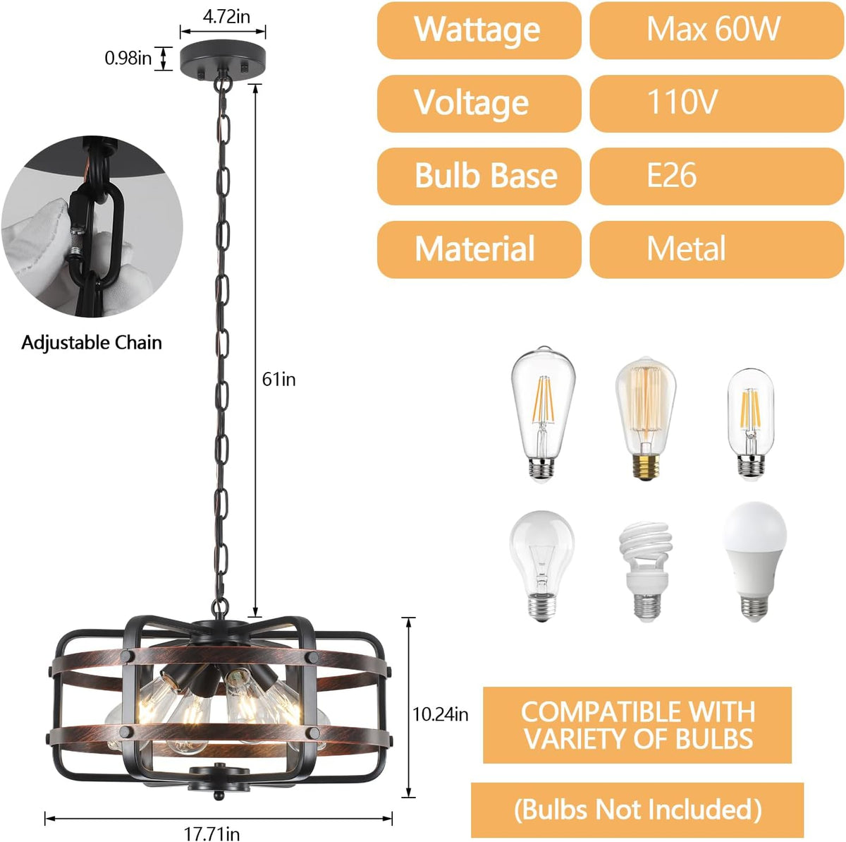 Farmhouse 4‑Light Black Lantern‑Cage Chandelier