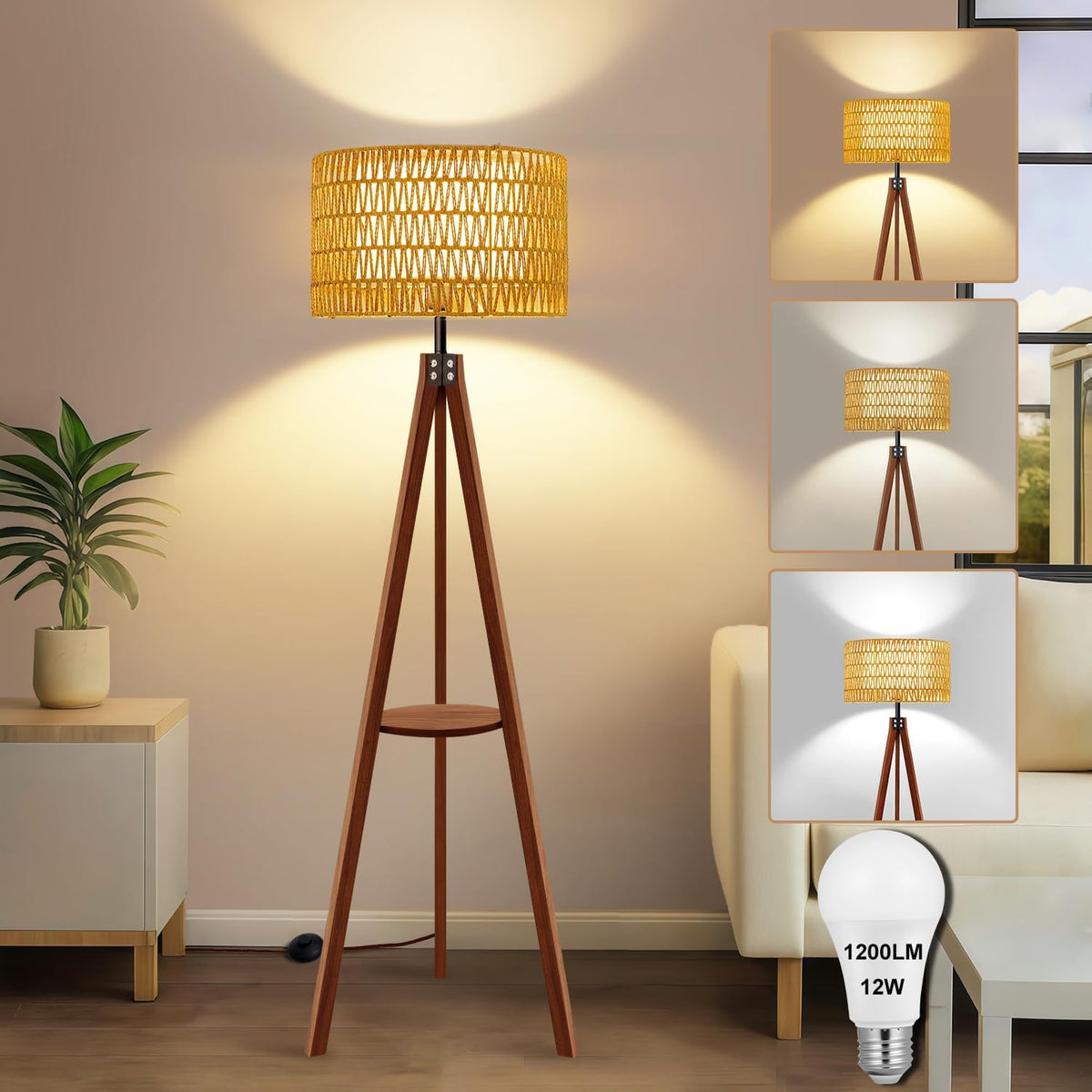 Boho Rattan Tripod Floor Lamp with Shelf