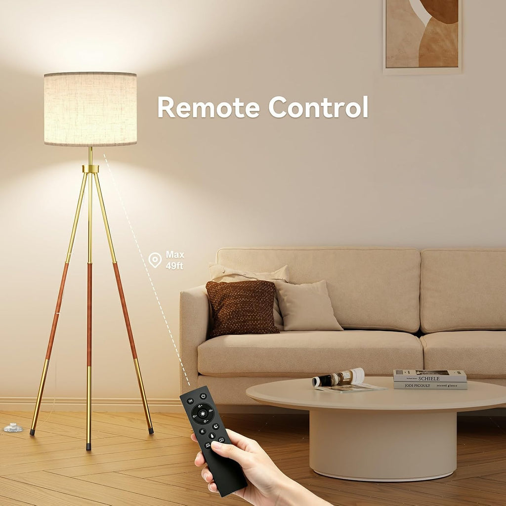 Mid‑Century Wood Tripod Dimmable Floor Lamp