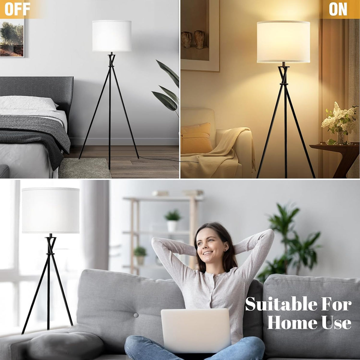 Black Tripod Modern Floor Lamp with White Shade