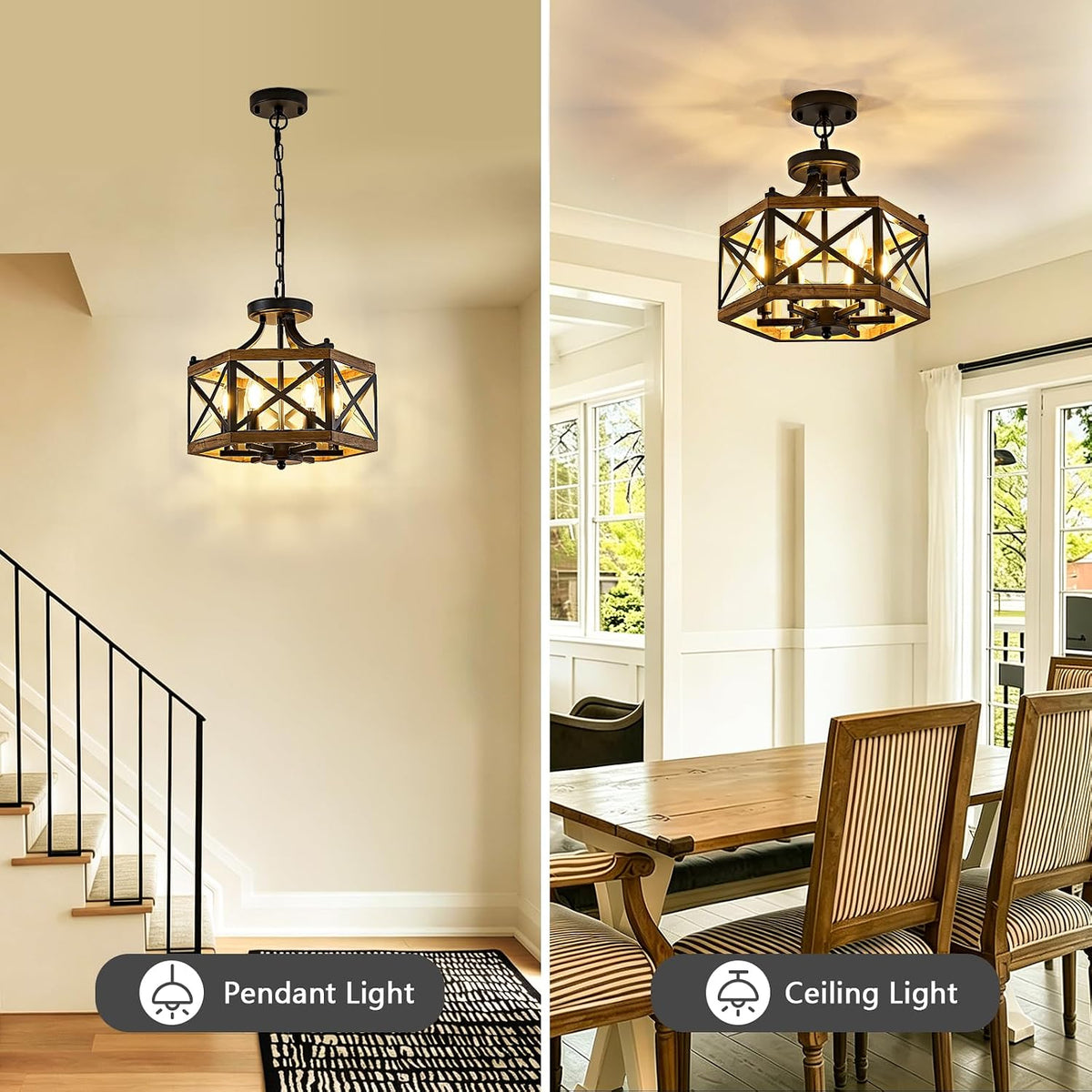 Farmhouse 6‑Light Wood‑Cage Dining Chandelier