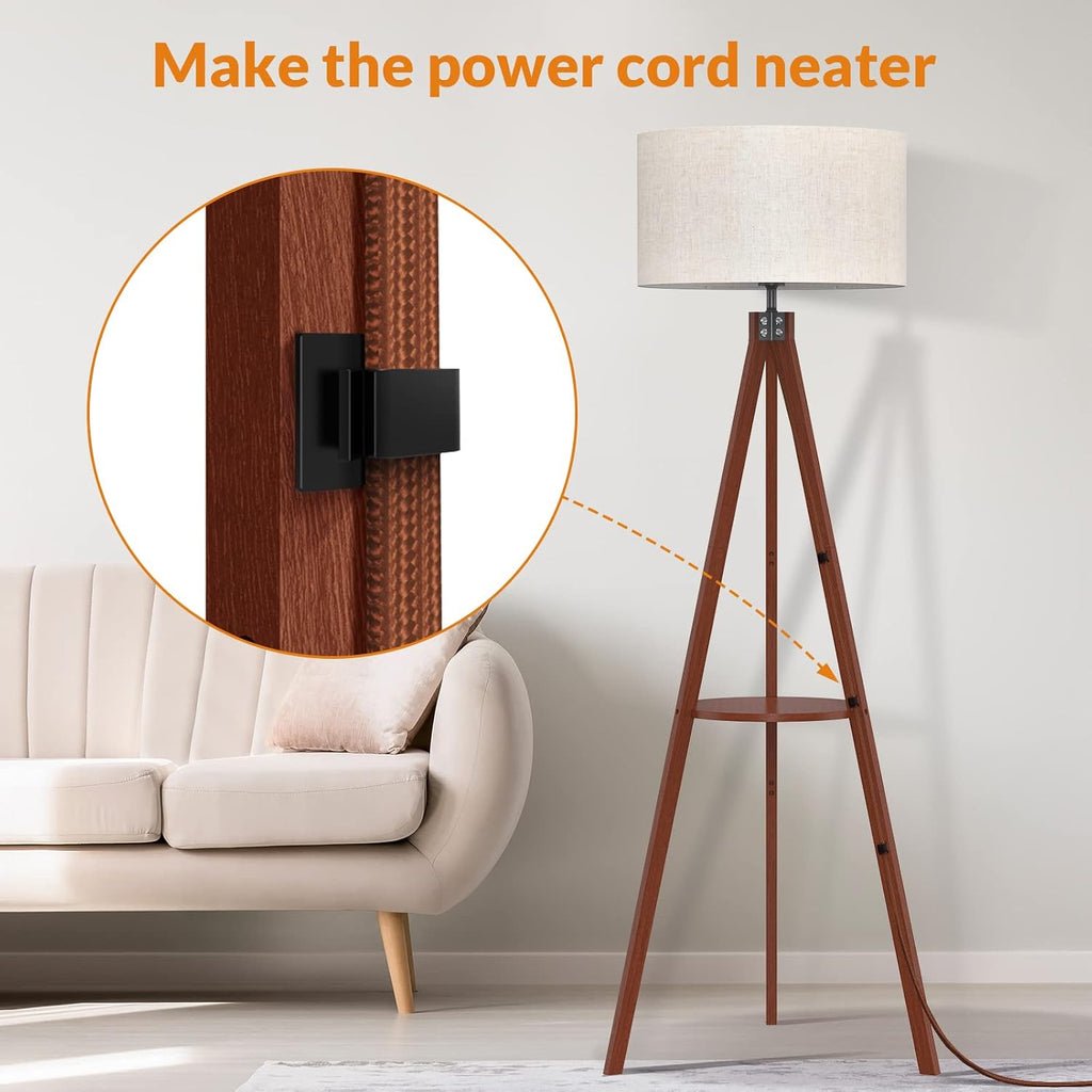Mid‑Century Tripod Shelf Floor Lamp with Linen Shade