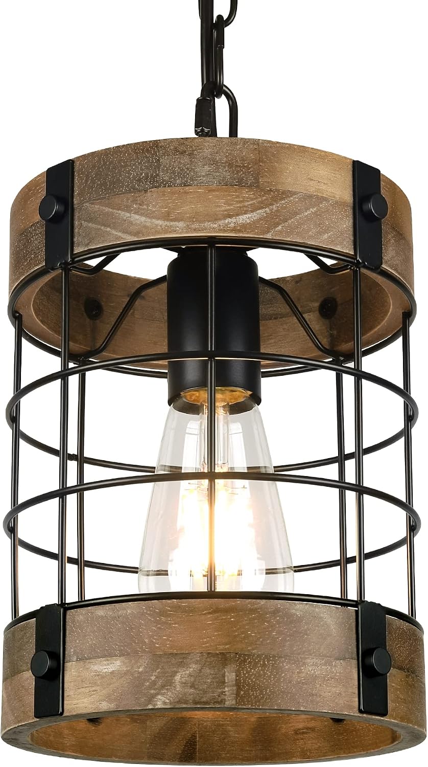 Farmhouse Wood‑Cage Rustic Pendant Light