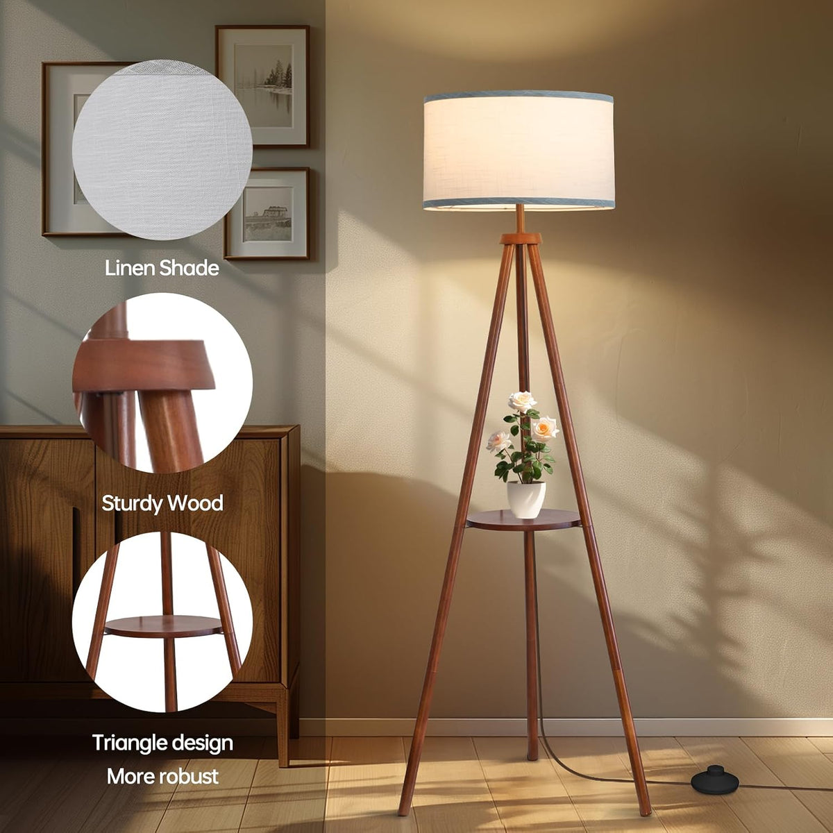 Walnut Modern Floor Lamp with Storage Shelf
