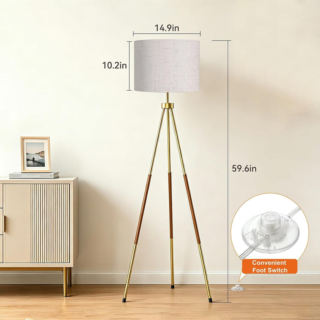 Mid‑Century Wood Tripod Dimmable Floor Lamp