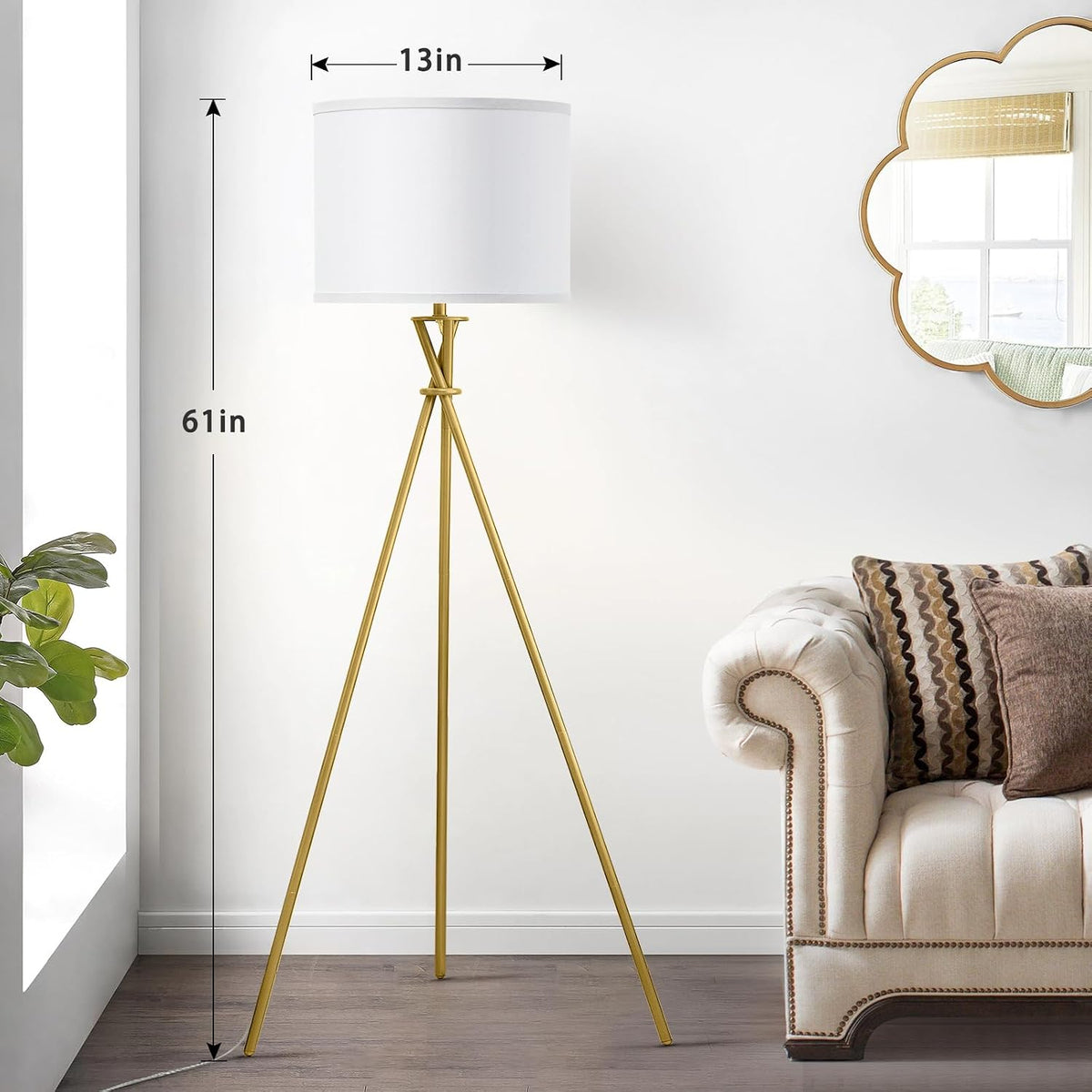 Gold Tripod Modern Floor Lamp with White Shade