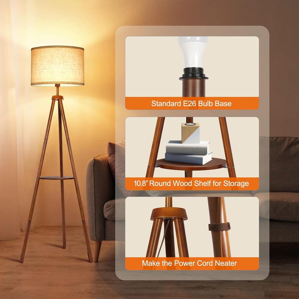 Mid‑Century Wood Tripod Floor Lamp with Shelves