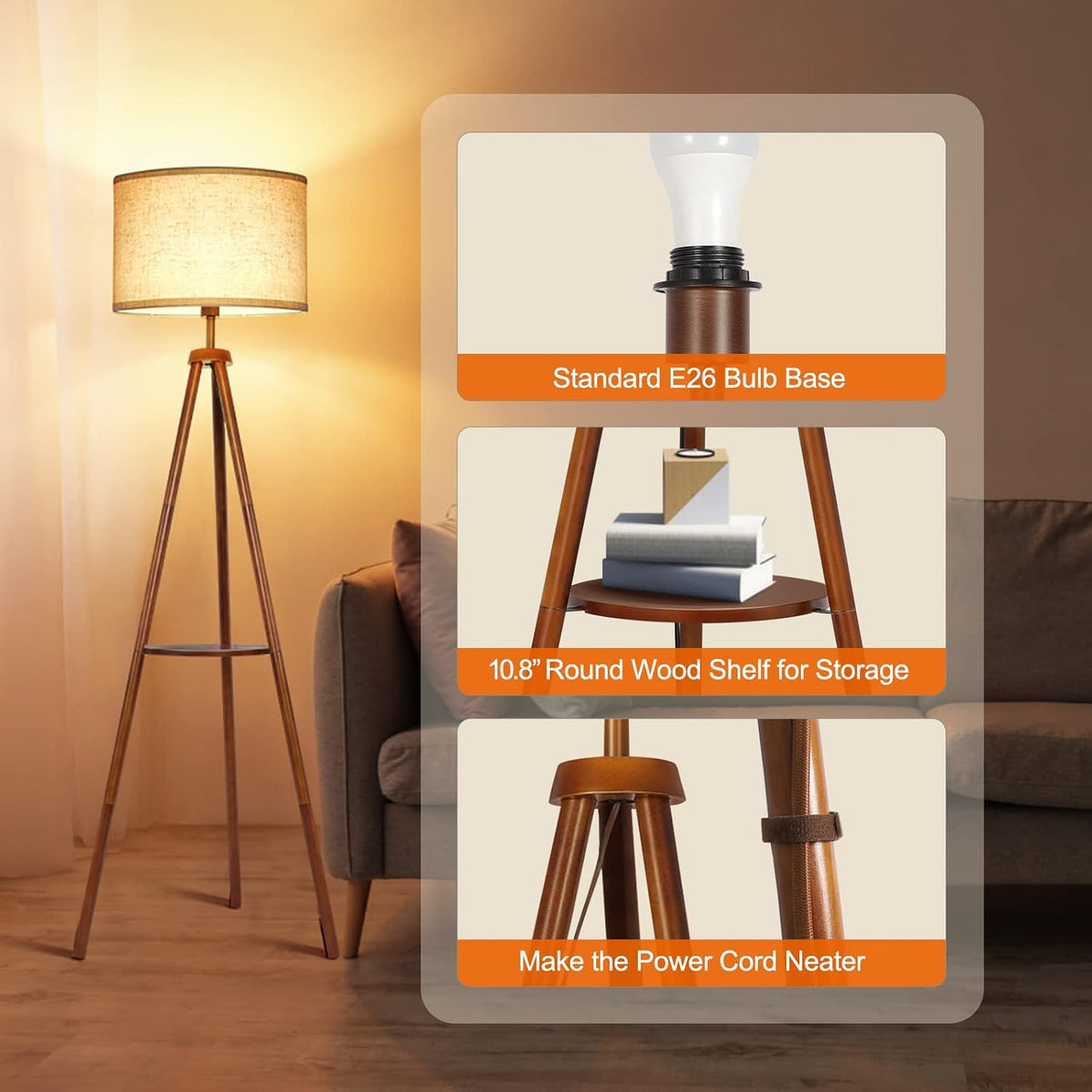 Mid‑Century Wood Tripod Floor Lamp with Shelves