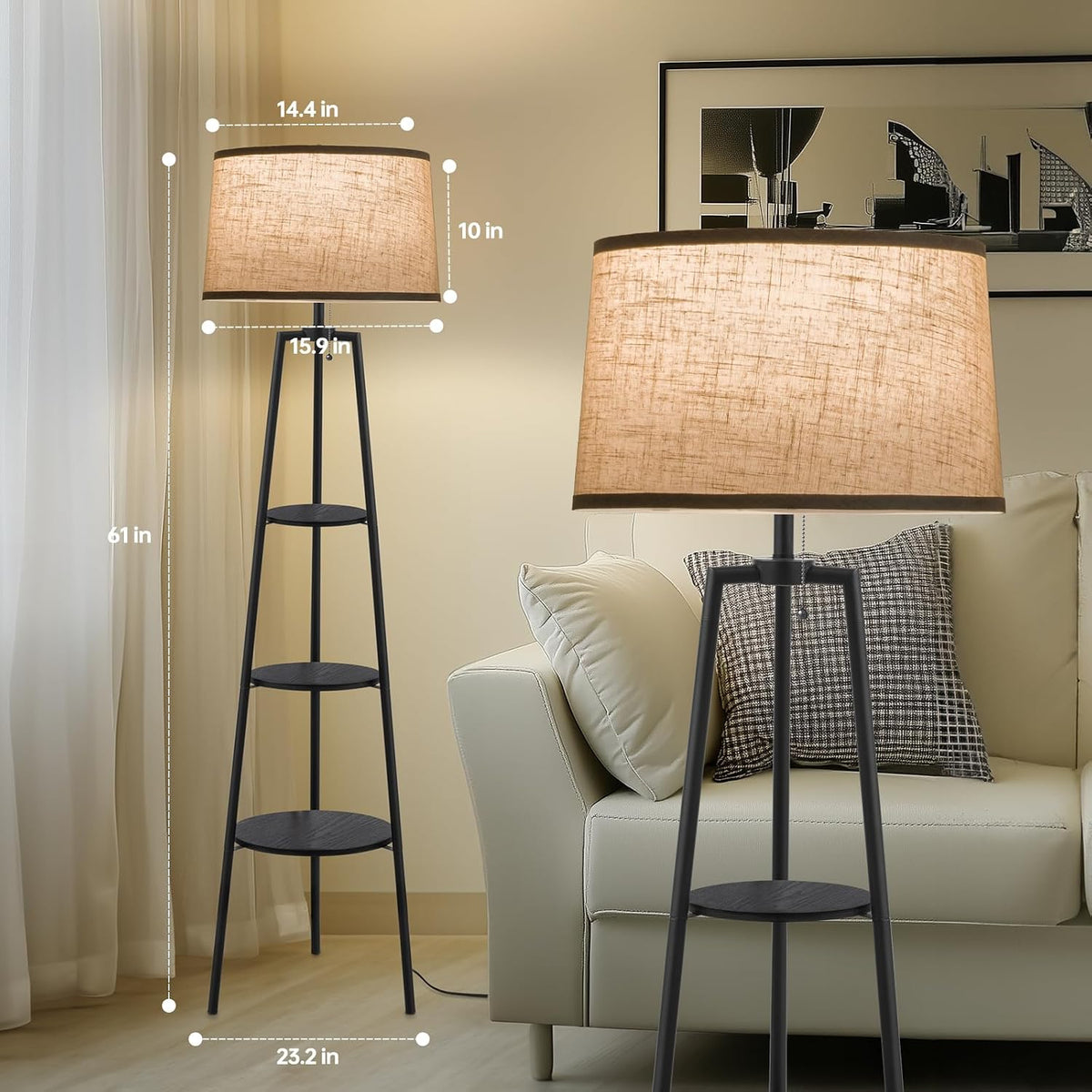 Black 3‑Tier Shelf Modern Floor Lamp