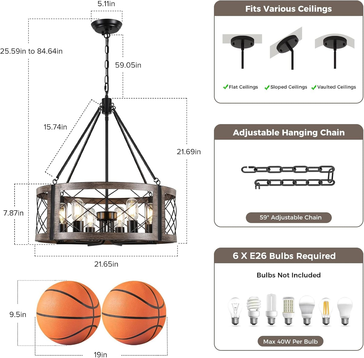 Farmhouse 6‑Light Drum‑Cage Wood‑Grain Chandelier