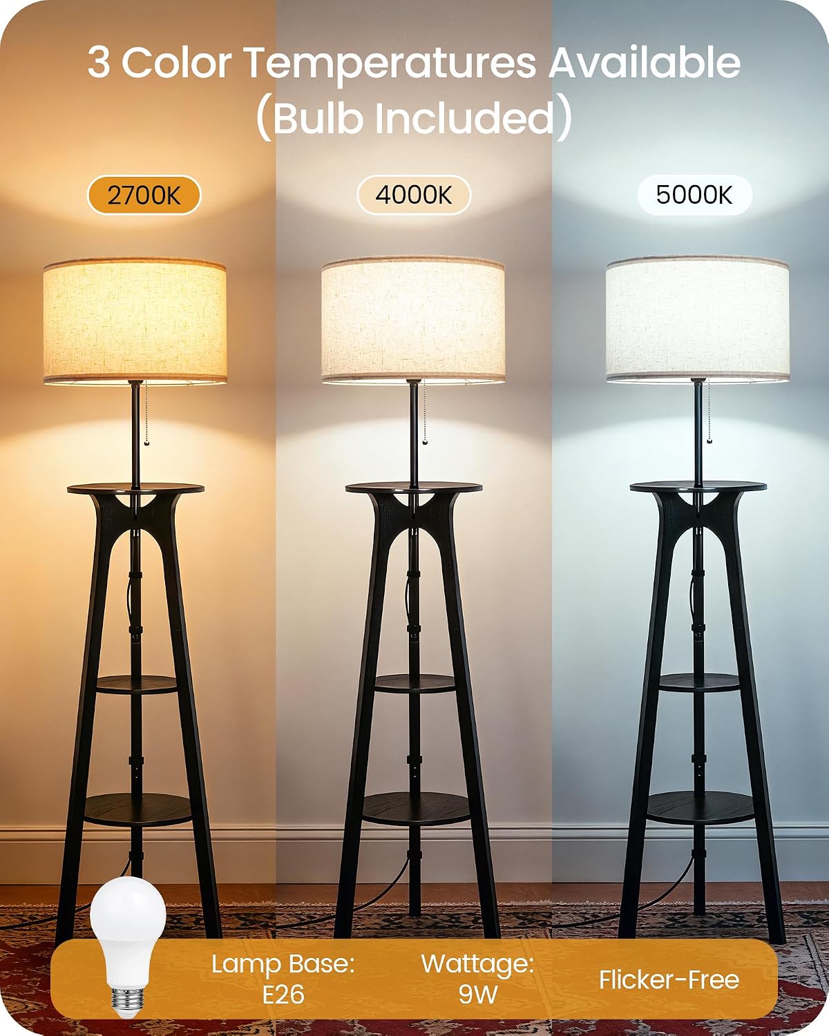 Wood Tripod 3‑Tier Shelf Floor Lamp with Linen Shade