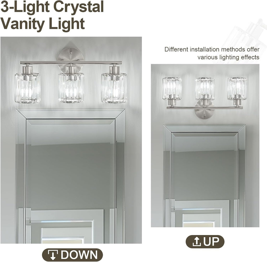 Brushed‑Nickel 3‑Light Crystal Bathroom Vanity Light