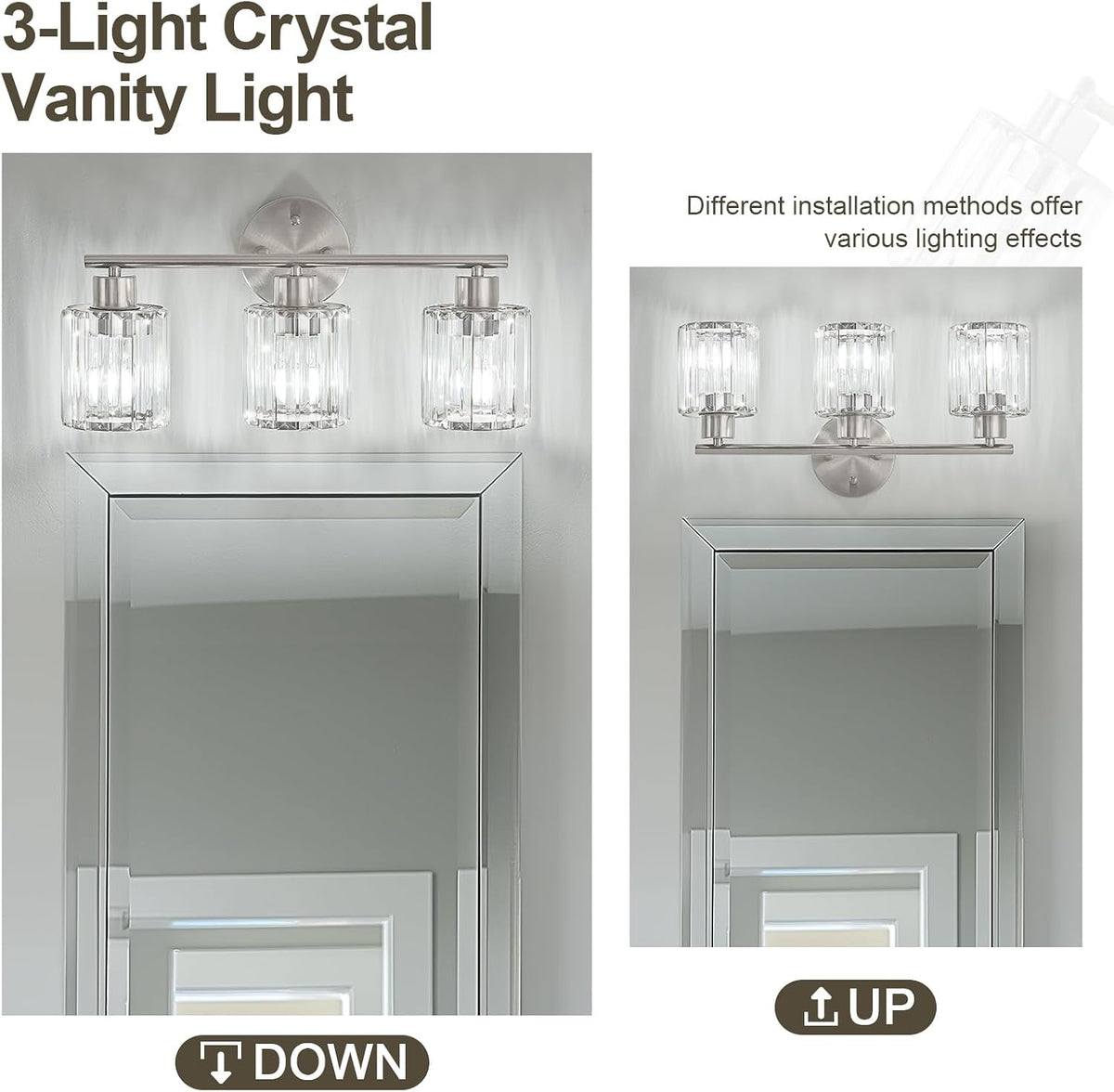 Brushed‑Nickel 3‑Light Crystal Bathroom Vanity Light