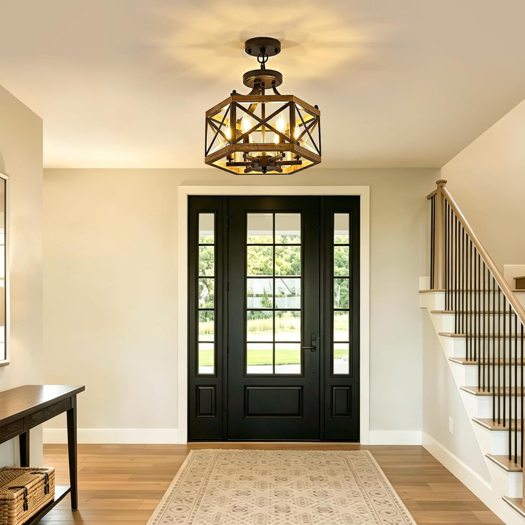Farmhouse 6‑Light Wood‑Cage Dining Chandelier